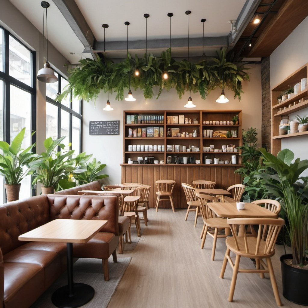 coffee shop with sofa, green plant, and a quiet place