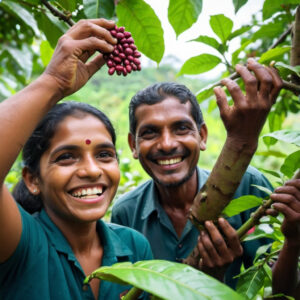 happy farmer pick coffee beans