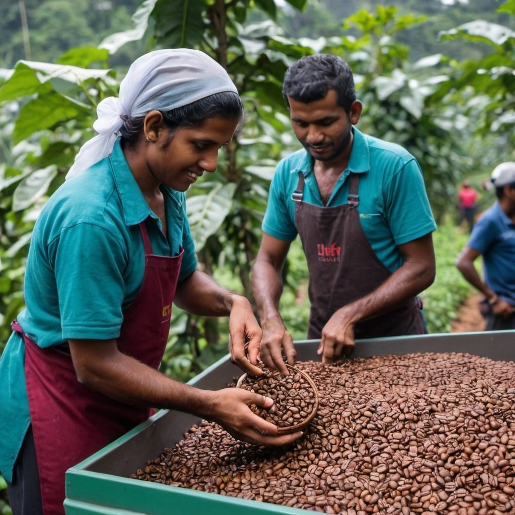 workers check coffee beans